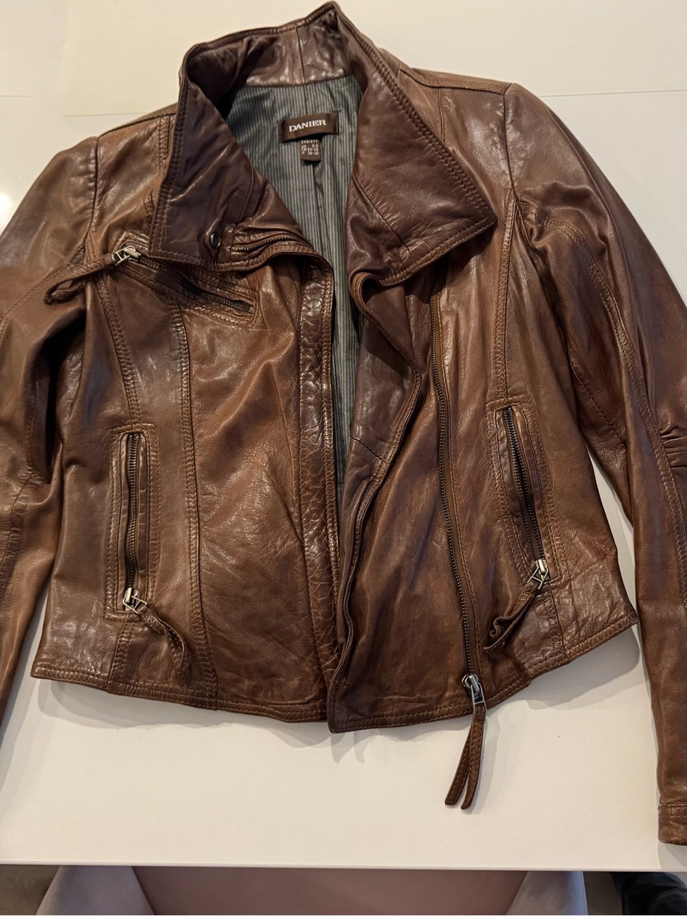 Danier Brown Leather Moto Jacket with Asymmetrical Zip